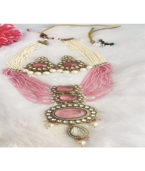 Glorika Multi strand pink and pearl necklace set